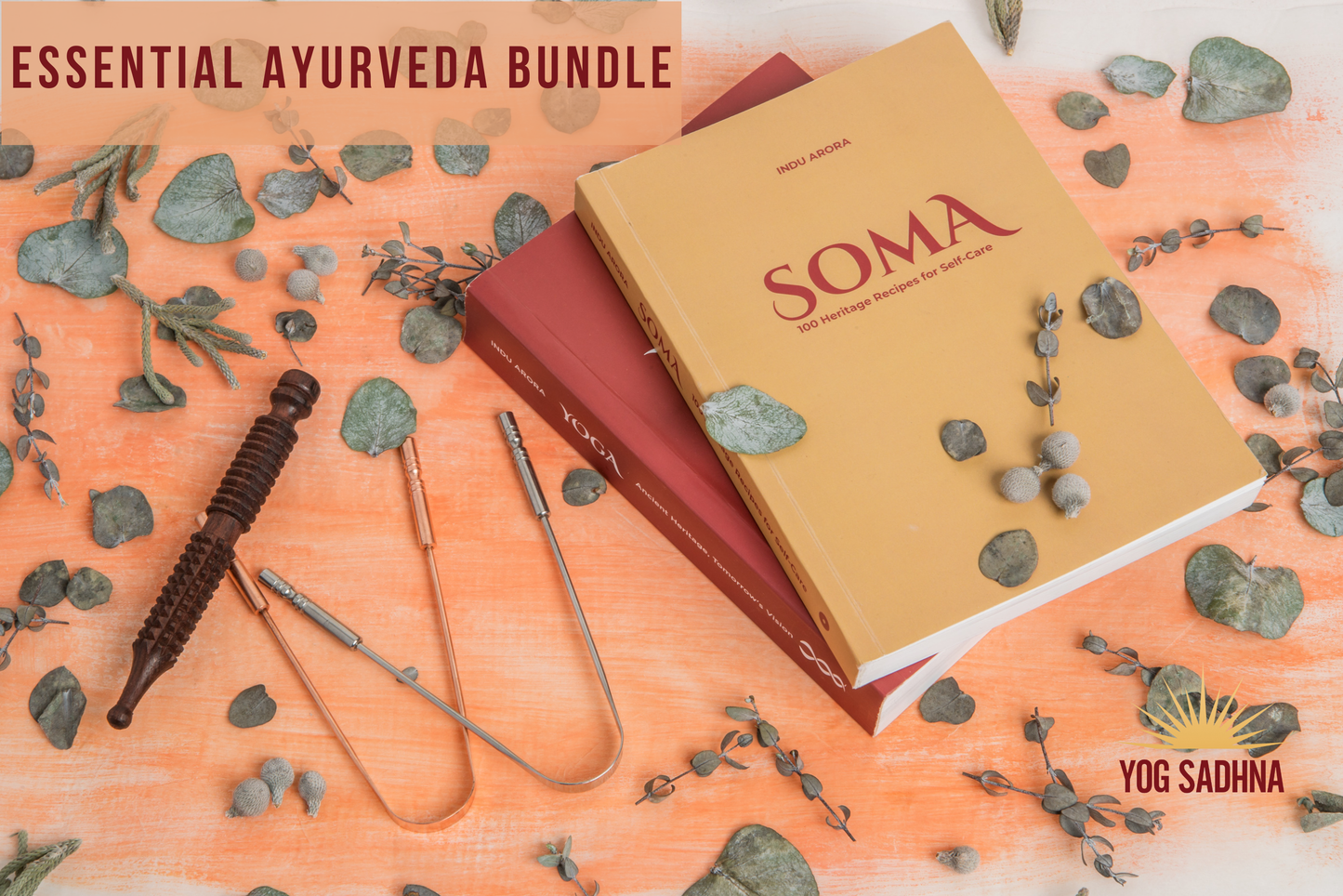 Essential Ayurveda Bundle contents overview - Soma book, Yoga book, Marma stick, tongue scrapers
