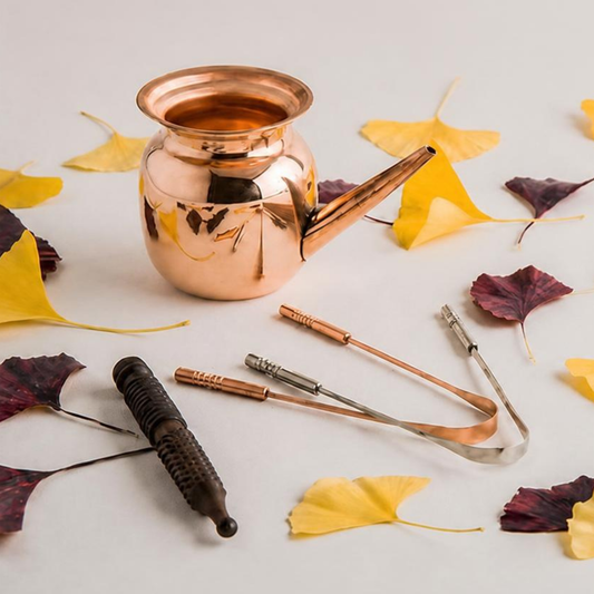 Summer Ritual Kit by Yog Sadhna - Tamba Neti Pot, Tongue Scraper Bundle, and Marma Stick