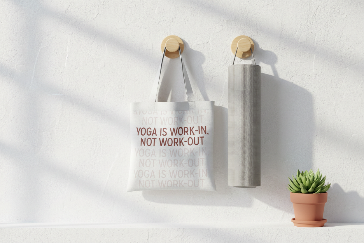 Yog Sadhna tote bag hanging on wall hook